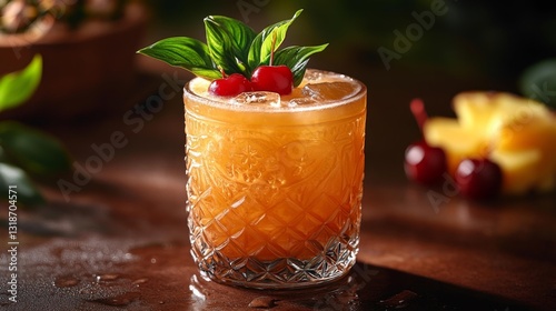 Tropical Mai Tai with Pineapple Cherries and Mint Leaves. Generative AI photo