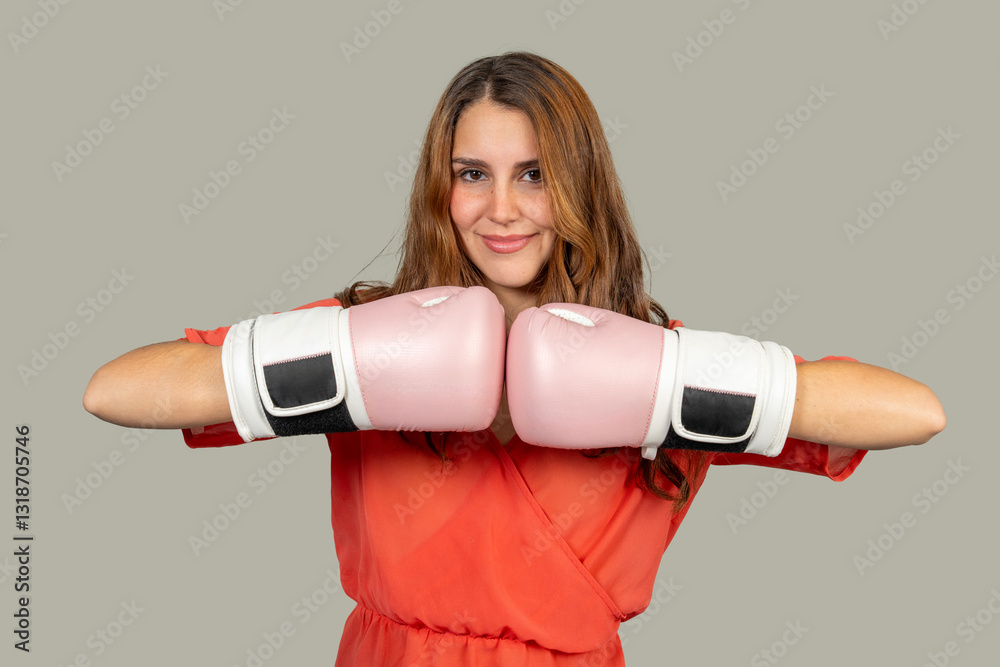 Young woman wearing pink boxing gloves on gray background Young woman wearing pink boxing gloves on gray background