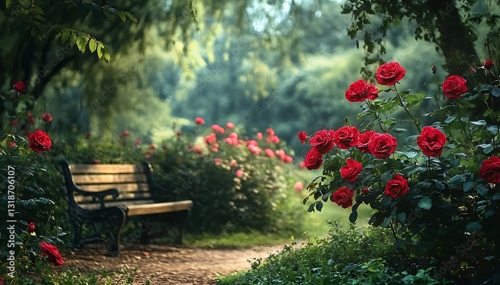 Obraz premium Vibrant red roses blooming in a serene park setting with a rustic bench surrounded by lush greenery and softly blurred background. ,