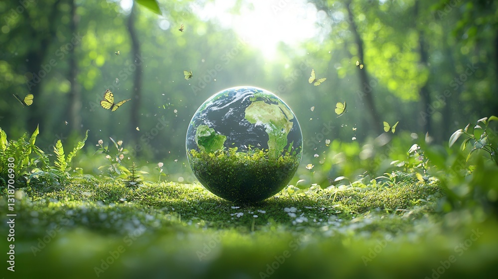 Ethereal Globe Floating Amidst Lush Moss Covered Forest Landscape A Stunning and Serene Depiction of Earth s Natural Beauty and Environmental Sustainability Ethereal Globe Floating Amidst Lush Moss Covered Forest Landscape A Stunning and Serene Depiction of Earth s Natural Beauty and Environmental Sustainability