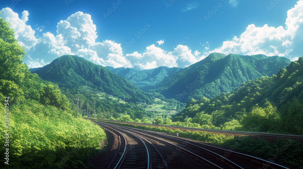 Fototapeta premium Serene mountain landscape with railway tracks under blue sky and fluffy clouds