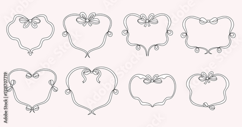 Vintage Coquette Thin Frame with Ribbons Bows Set. Girly Vibe. Vector illustration. Isolated Trendy aesthetic hand-drawn Template for card, invitations, decorative labels and branding elements