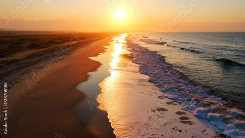 A stunning aerial drone video capturing sunshine from sunset at beach scenery on wet sand and incoming ocean waves