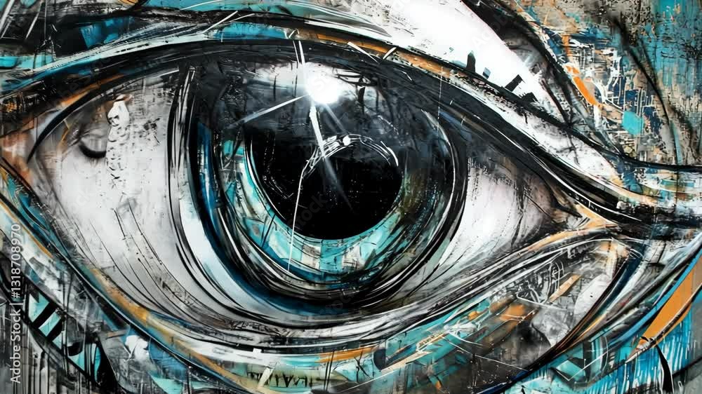 Artistic representation of an eye featuring vibrant details and mixed media techniques highlighting urban themes and emotions