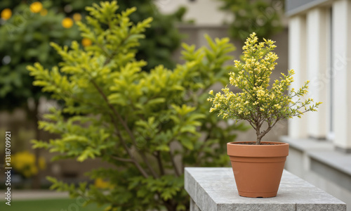 Mimosa (Acacia dealbata) Small shrub with feathery green leaves and bright yellow flower clusters, potted in a clay container, popular photo