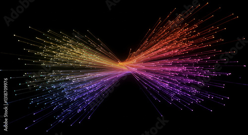 A stunning fiber optic light burst radiating in a rainbow gradient against a dark background, symbolizing data flow