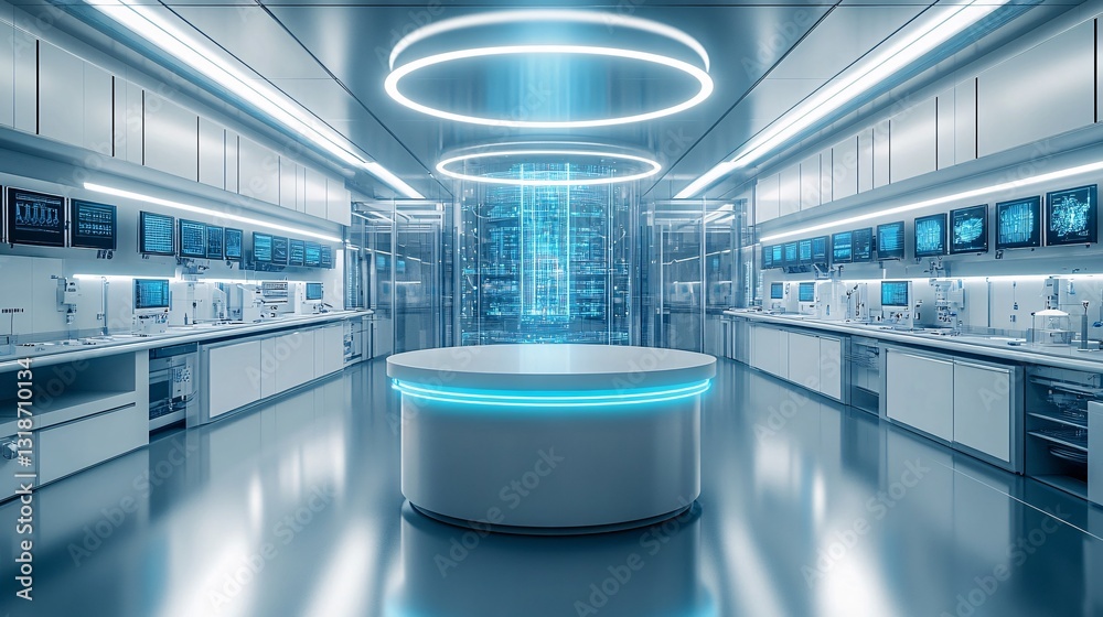 A futuristic laboratory filled with digital data analysis equipment