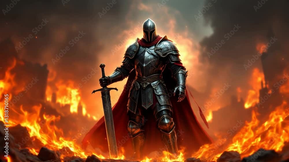 A highly detailed and dramatic illustration of a medieval knight standing boldly amidst roaring flames, gripping a massive sword. A highly detailed and dramatic illustration of a medieval knight standing boldly amidst roaring flames, gripping a massive sword.