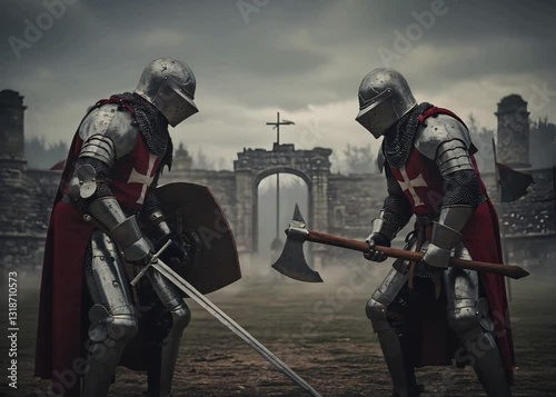 A highly detailed and realistic illustration of two medieval knights in full plate armor and helmets, standing face-to-face in an intense duel stance. 