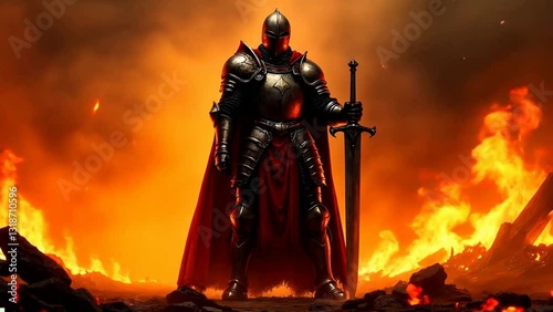 A highly detailed and dramatic illustration of a medieval knight standing boldly amidst roaring flames, gripping a massive sword.