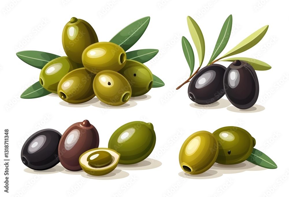 Set of different olives, including green, black, stuffed, and marinated varieties, illustrated in a children's book style, with a clean and simple look, isolated on a white background. Set of different olives, including green, black, stuffed, and marinated varieties, illustrated in a children's book style, with a clean and simple look, isolated on a white background.