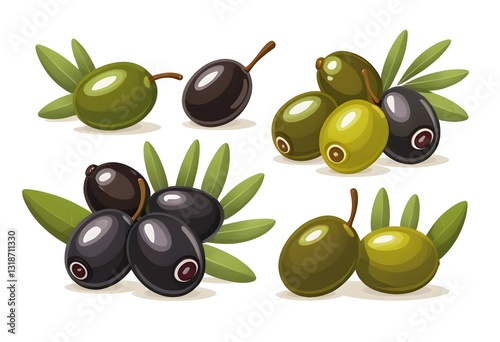 Set of different olives, including green, black, stuffed, and marinated varieties, illustrated in a children's book style, with a clean and simple look, isolated on a white background.
