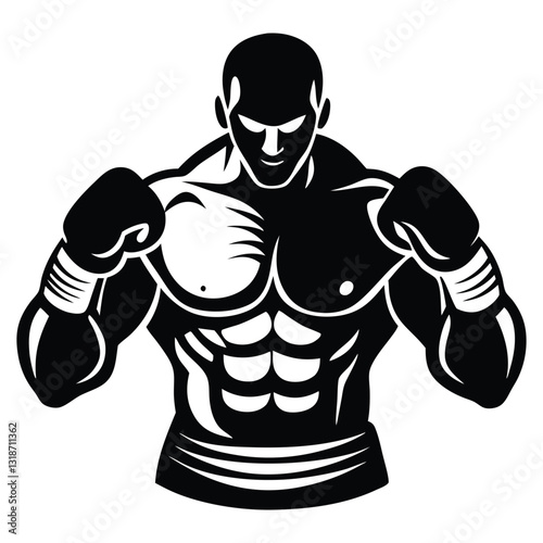 Boxer Silhouette Vector, Classic Black and White Outline Art of a Fighter in Action