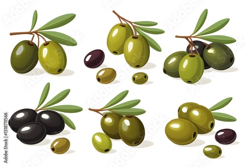Set of different olives, including green, black, stuffed, and marinated varieties, illustrated in a children's book style, with a clean and simple look, isolated on a white background.