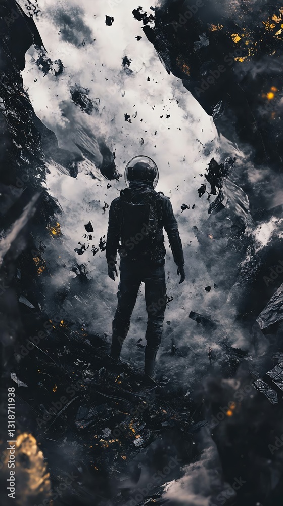 Obraz premium A lone astronaut stands amidst a dramatic landscape of rubble and smoke, evoking a sense of mystery and adventure in a sci-fi setting.