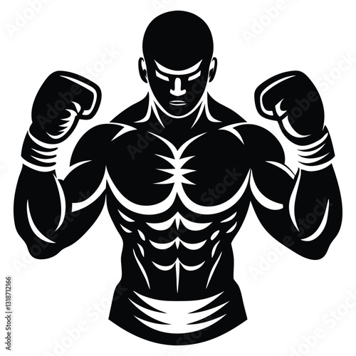 Boxer Silhouette Vector, Classic Black and White Outline Art of a Fighter in Action