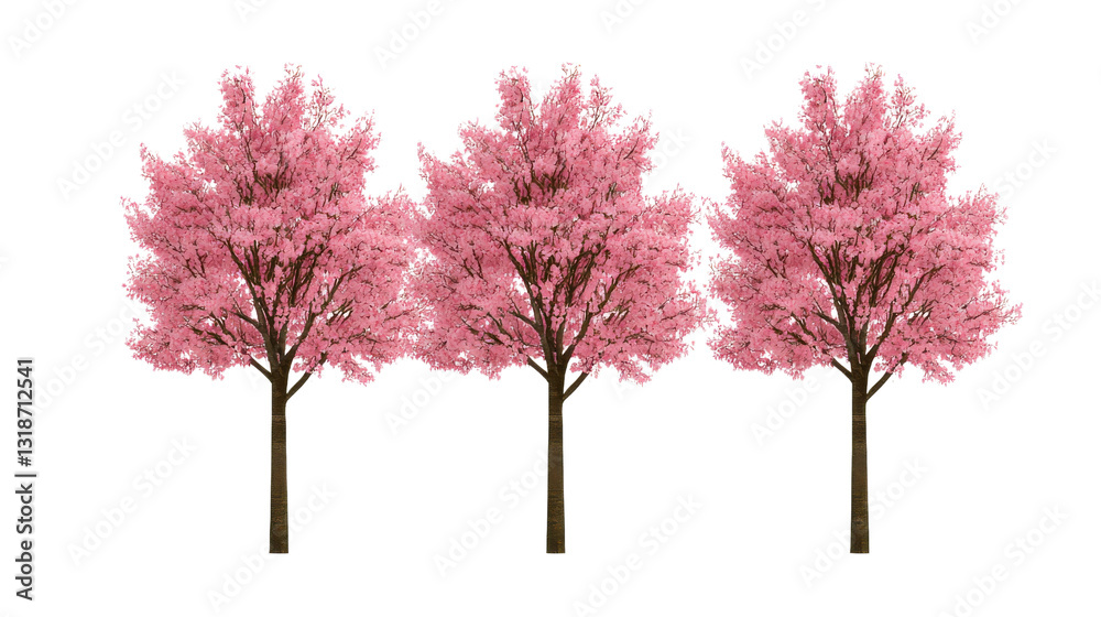 Fototapeta premium Three Pink Cherry Blossom Trees in Full Bloom Against Transparent Background