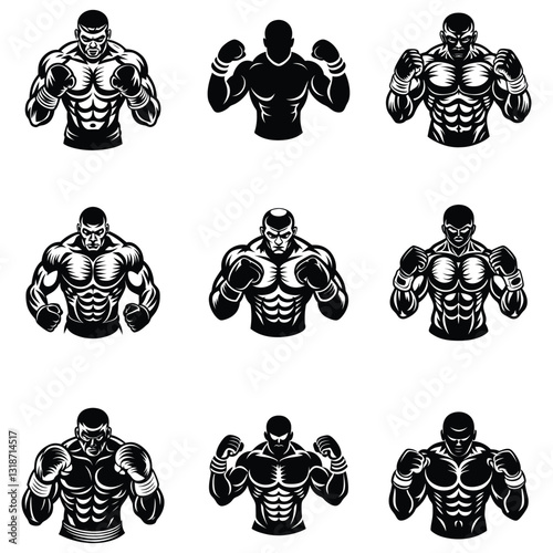 Boxing Champion Silhouette, Retro Ink Black and White Vector Illustration of a Fighter Ready to Fight