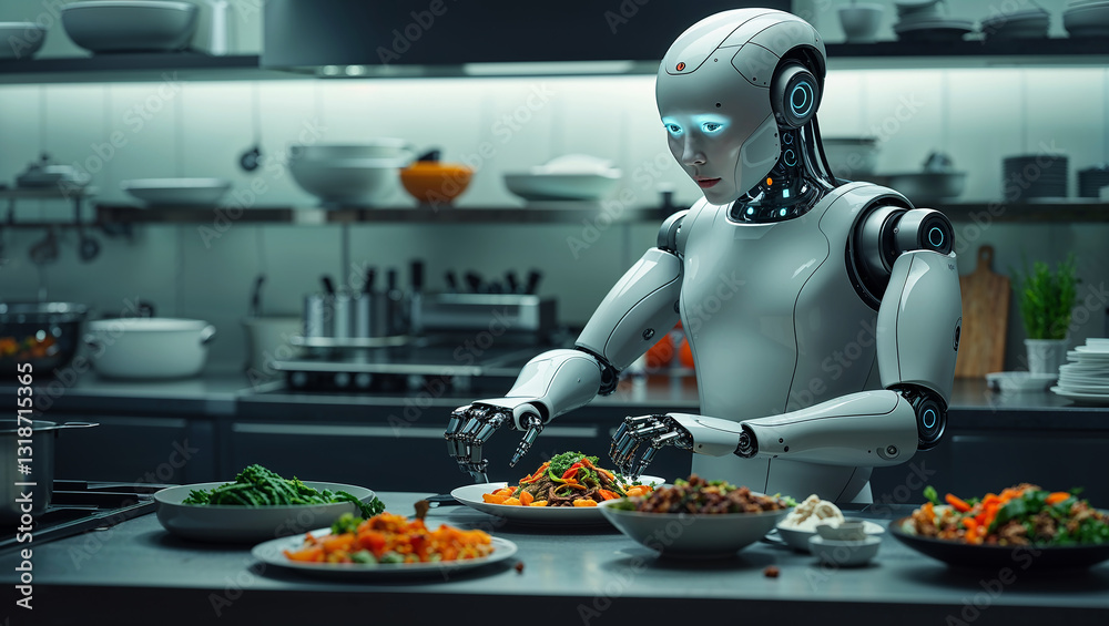 Humanoid robot chef preparing a meal with vegetables in a modern kitchen Humanoid robot chef preparing a meal with vegetables in a modern kitchen