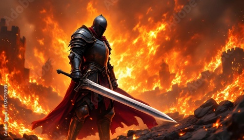 A highly detailed and dramatic illustration of a medieval knight standing boldly amidst roaring flames, gripping a massive sword.