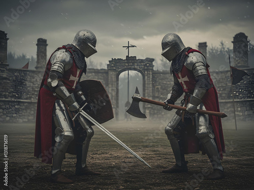 A highly detailed and realistic illustration of two medieval knights in full plate armor and helmets, standing face-to-face in an intense duel stance. 