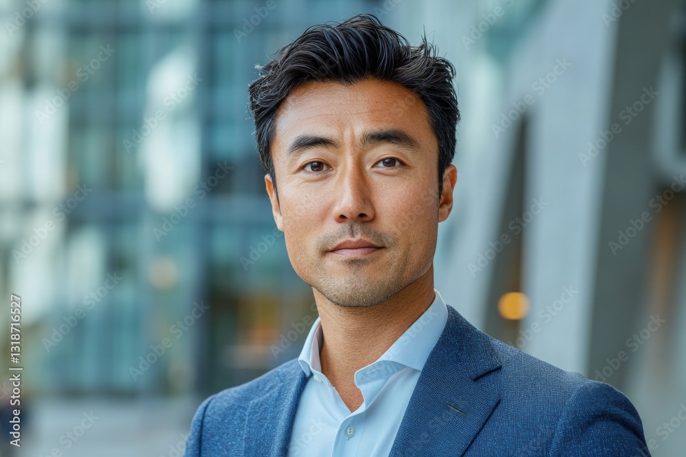 Confident businessman poses outside a modern building in an urban setting during daylight Confident businessman poses outside a modern building in an urban setting during daylight