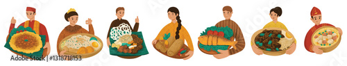Set of Indonesian people wearing ethnic traditional costume holding traditional culinary. Isolated cartoon characters. Southeast Asia. Vector flat illustration