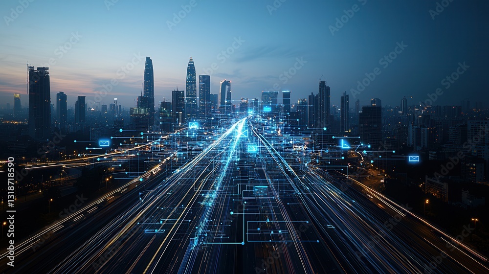 Fototapeta premium Futuristic metropolis at night with a dynamic skyline of towering skyscrapers illuminated highways and a bustling flow of traffic The city is alive with a vibrant energy