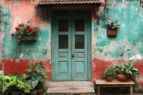 Wallpaper Mural Old turquoise door and colorful wall with flower pots in traditional indian house Torontodigital.ca