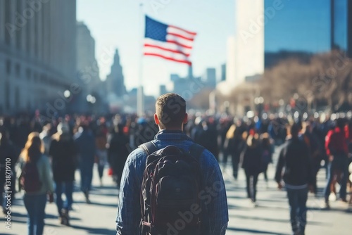 Tourist walking in new york city with american flag and crowd