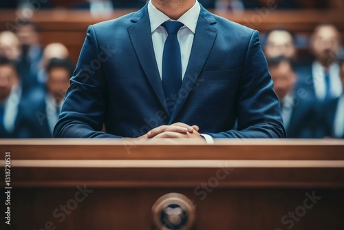 Politician sitting with hands clasped in government building