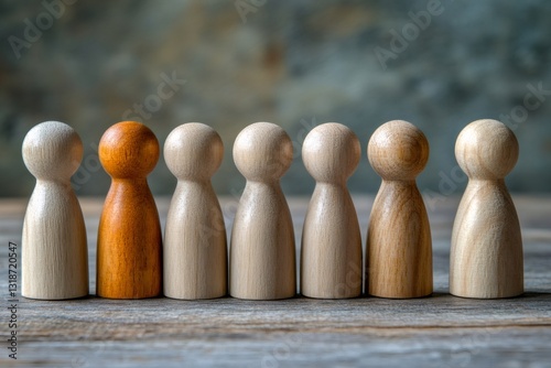 Row of wooden figures with one of them standing out from the crowd