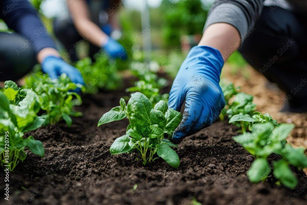 Fototapeta premium Farmers planting seedlings in fertile soil, cultivating a sustainable future