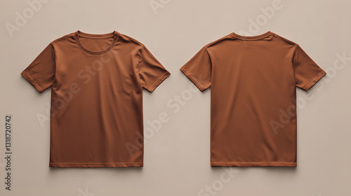 Front and back view of a brown t-shirt laid flat on a surface, a flat lay concept used as a mockup design template