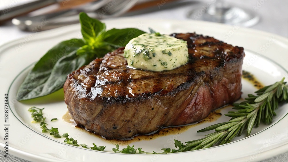 Juicy steak topped with herb butter and fresh garnishes.