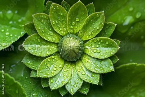 Green plant showing perfect symmetry with water drops on leaves
