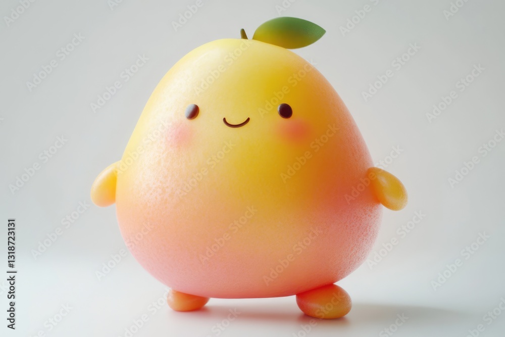 A cute, cartoonish mango character with a happy expression, standing on small legs.