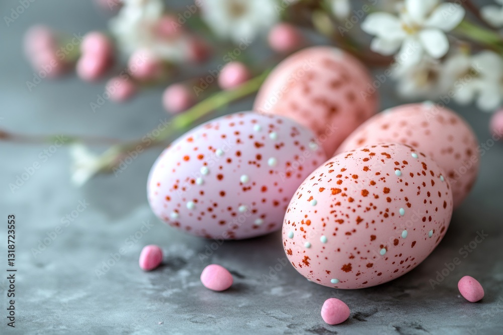 Obraz premium Pink easter eggs decorated with white and red dots resting on gray surface with spring flowers