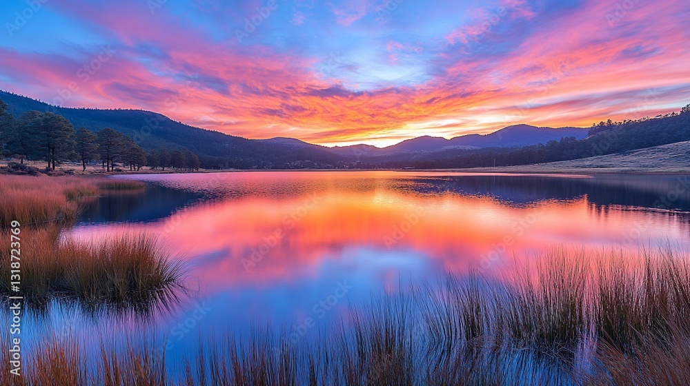 Fototapeta premium Colorful sunset reflects on a calm lake with mountains and trees in the background