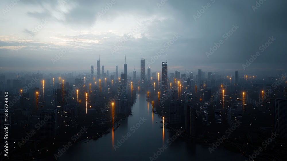 Fototapeta premium Stunning aerial view of a futuristic smart city skyline at night featuring a vast urban landscape with towering illuminated skyscrapers reflected in the calm waters of a river below