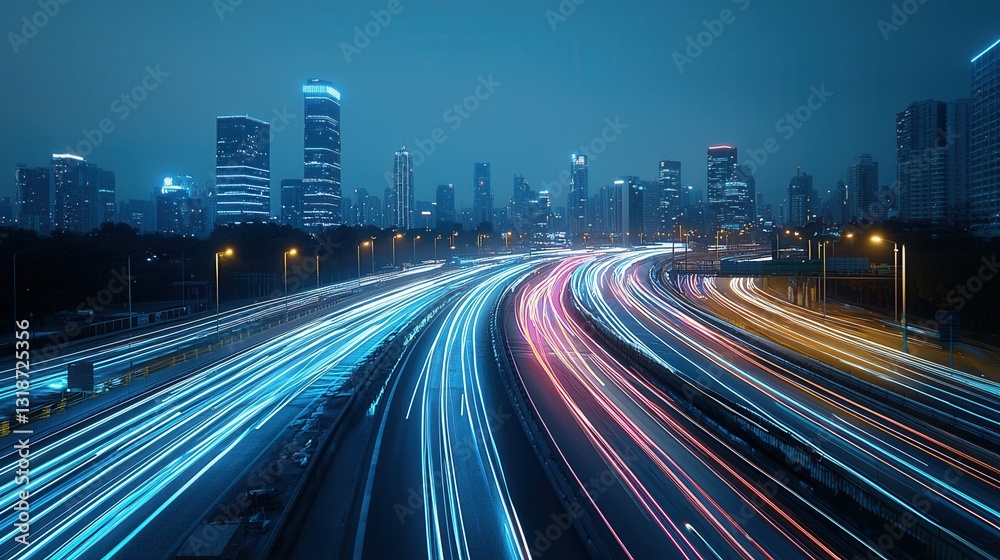 Fototapeta premium Futuristic city skyline at night with blurred motion lights and high speed traffic on the highway creating a dynamic and technological urban landscape