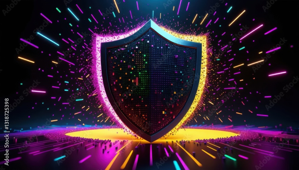 Fototapeta premium Endpoint protection antivirus concept. A vibrant digital shield surrounded by colorful sparks, symbolizing protection and security in a modern, abstract style.