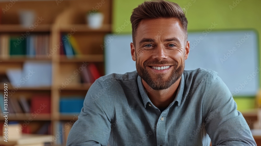 Man with a beard and a smile is sitting in front of a bookshelf. He is wearing a blue shirt and a gray shirt Man with a beard and a smile is sitting in front of a bookshelf. He is wearing a blue shirt and a gray shirt