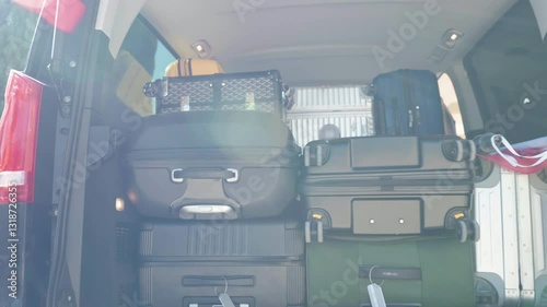 Suitcases loaded in car trunk, rear view of van trunk with trip luggage, preparation for departure or arrival, parking and baggage concept