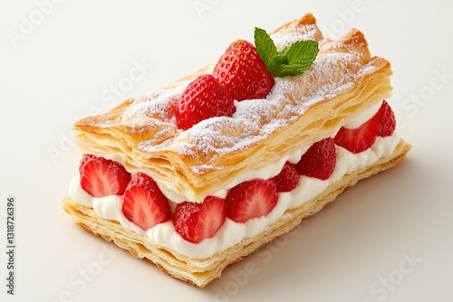 A refined strawberry mille-feuille, revealing its intricate layers. Each slice boasts golden pastry, pure white cream, and vibrant red strawberries, epitomizing French pastry craftsmanship.