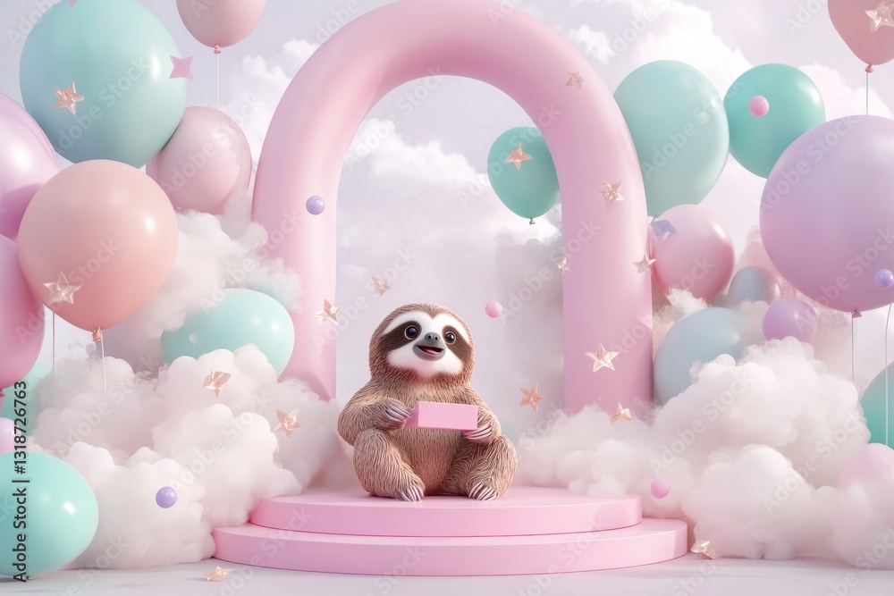 Fototapeta premium Adorable sloth holding a pink gift card amidst pastel balloons and clouds.