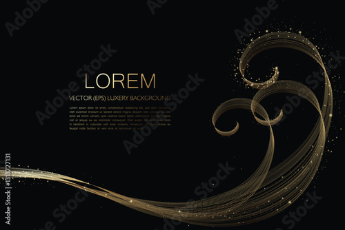 Premium elegant luxury dark background with glamorous gold wavy curl elements and stardust for presentations, greetings and advertising. Vector, EPS, editable elements