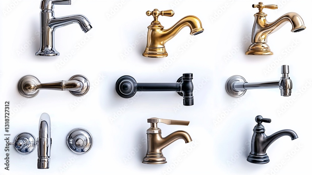 Fototapeta premium Diverse faucet collection featuring various styles, metals, and finishes on a plain surface