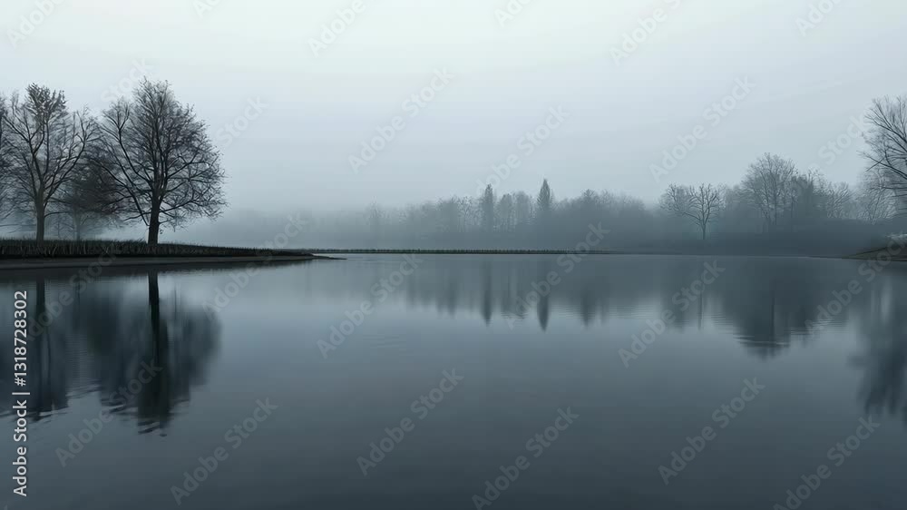Foggy morning at a tranquil lake surrounded by bare trees and still water Foggy morning at a tranquil lake surrounded by bare trees and still water