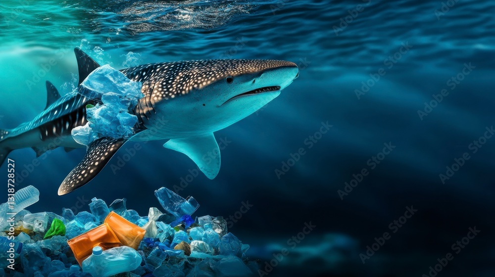Fototapeta premium Whale Shark Conservation concept Shark swimming through plastic waste in a polluted ocean environment.